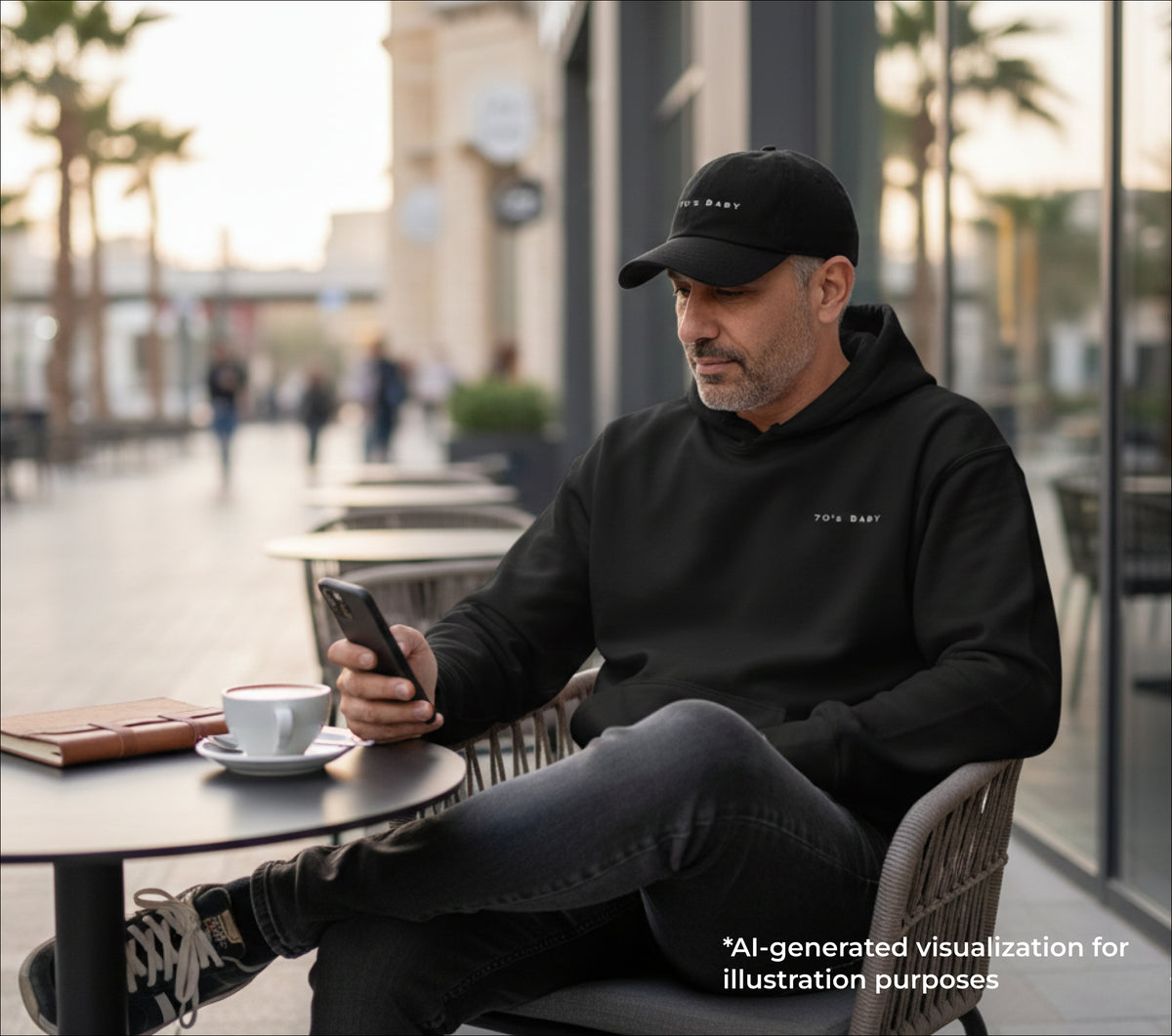Man in black hoodie and cap sitting outdoors using a phone, with a blurred background of people and buildings.