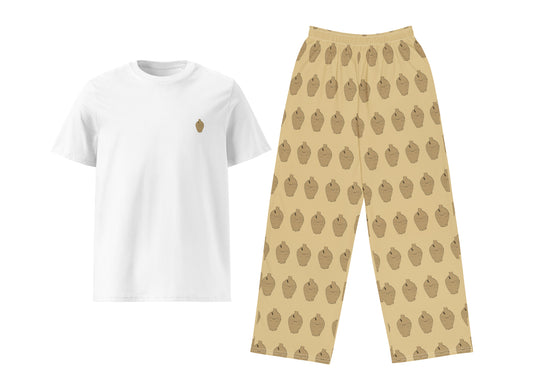 White t-shirt and beige pants with 7a9ala pattern on a white background
