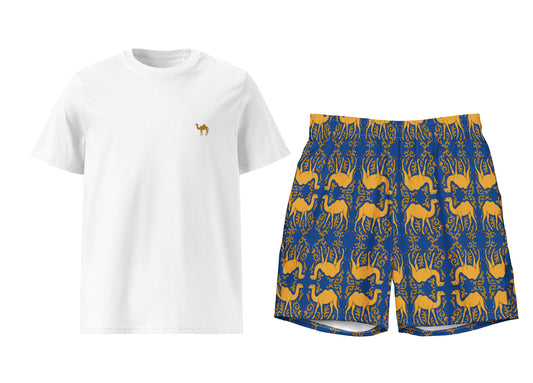 White t-shirt with a logo and blue shorts with camel pattern on a white background