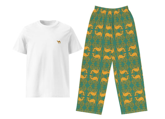 White t-shirt with a small camel and green pants with camel pattern on a white background
