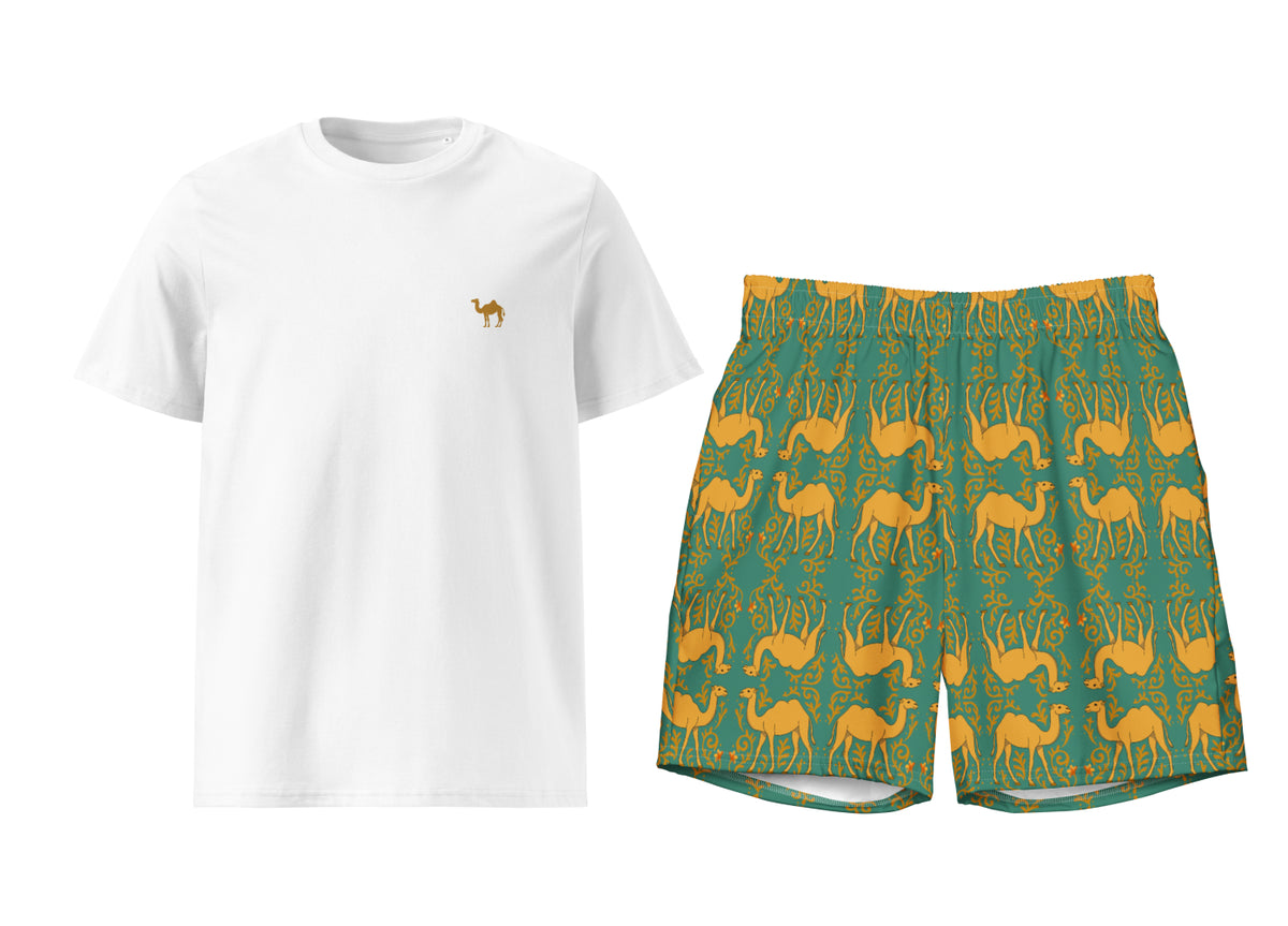 White t-shirt with a camel pattern and green shorts with camel pattern on a white background