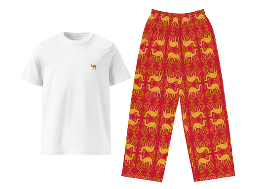 White t-shirt with a small camel and red pants with camel pattern on a white background