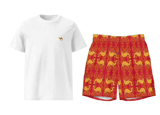White t-shirt with a camel logo and red shorts with camel pattern on a white background