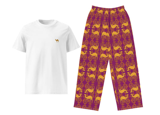 White t-shirt with a small logo and purple pants with camel pattern on a white background