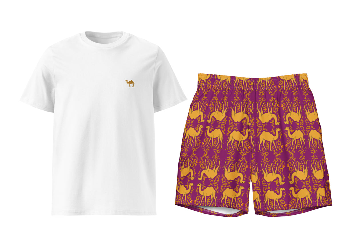 White t-shirt with a camel and purple shorts with camel pattern on a white background