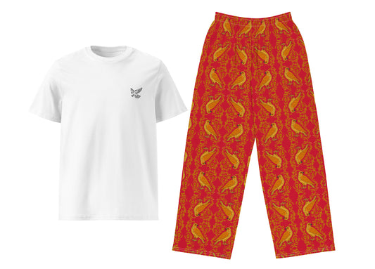 White t-shirt and red patterned pants on a white background