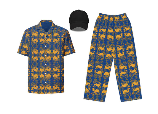 A set comprising a unisex button shirt, pants, and a dad hat, all featuring a blue and gold Arabesque camel pattern.