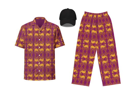 An outfit set including a unisex button shirt and pants with an arabesque camel pattern, and a black embroidered dad hat.