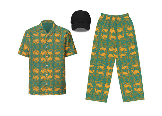 A set of green clothing items with a camel print, including a button-up shirt, wide-leg pants, and a dad hat.