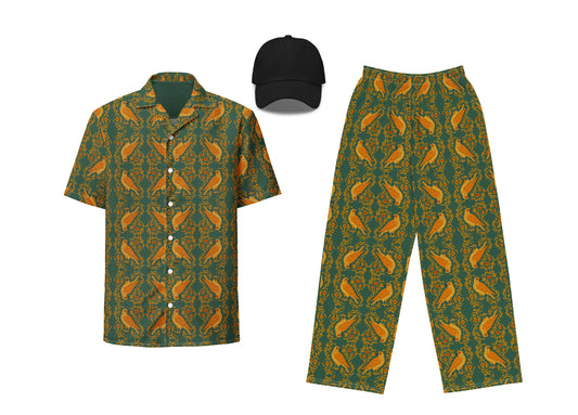 A set of dark green clothing featuring a falcon arabesque pattern, including a button-up shirt, pants, and a dad hat.