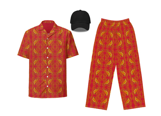 A set of red clothing with an arabesque falcon pattern, including a button-up shirt, pants, and a dad hat.