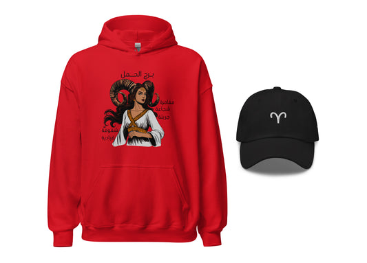 Red hoodie with an Aries graphic design and black cap with white symbol on a white background