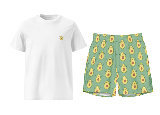 White t-shirt and green shorts with avocado pattern on a white background
