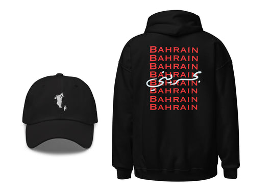 A black hoodie with 'Bahrain' text in red and white on the front and a black dad hat with a bahraini map embroidered on it.