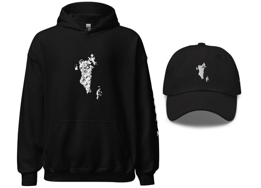 A black hoodie with a white embroidered map of Bahrain on the front and a black dad hat with a white embroidered map on the front.