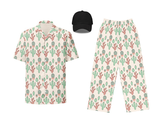 Cactus-patterned shirt, cap, and pants on a white background