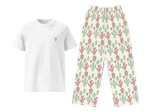 White t-shirt and pajama pants with cactus pattern on a white background