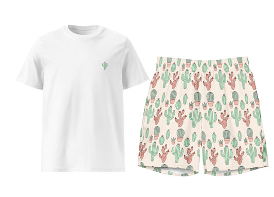 White t-shirt and shorts with cactus pattern on a white background