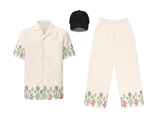 Beige shirt and pants with cactus pattern, black cap on a white background