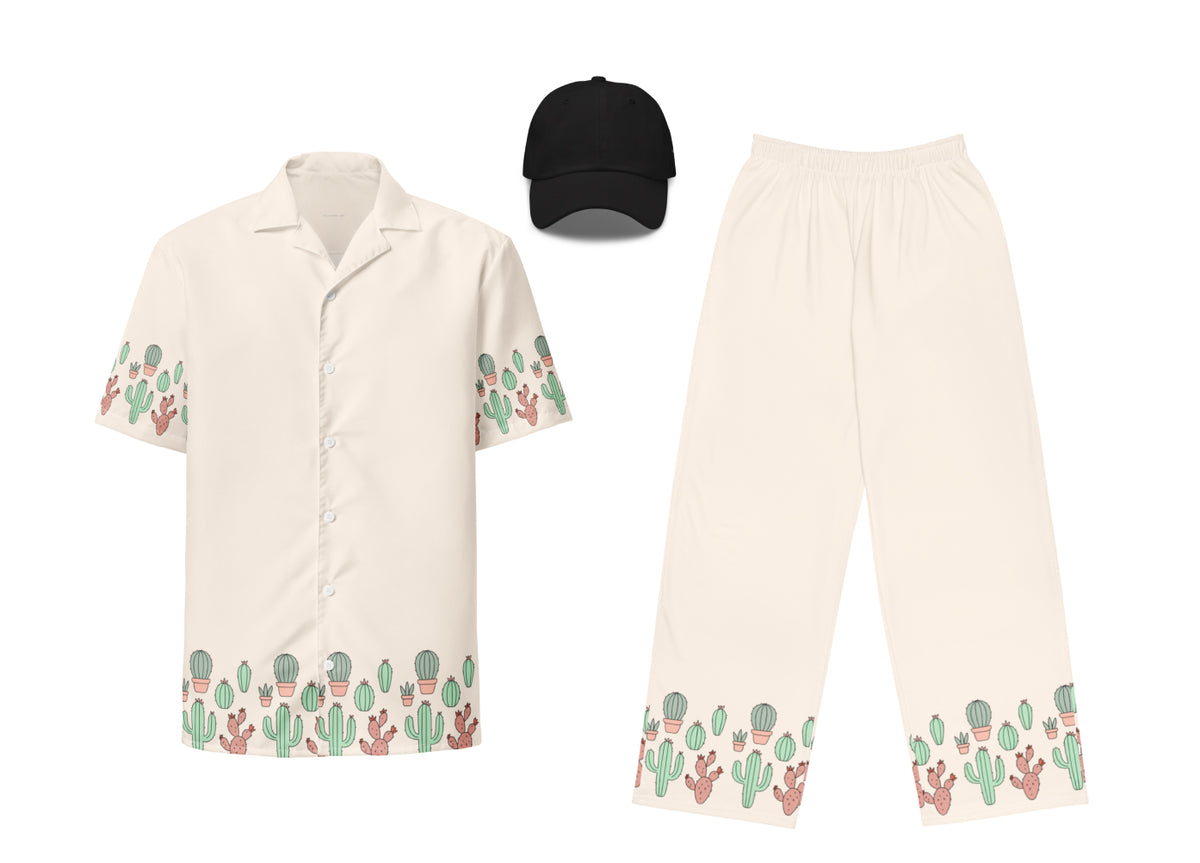 Beige shirt and pants with cactus pattern, black cap on a white background
