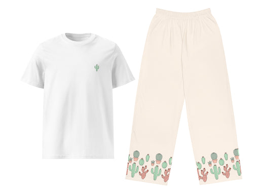 White t-shirt with green cactus design and cream pants with pink cactus pattern on a white background