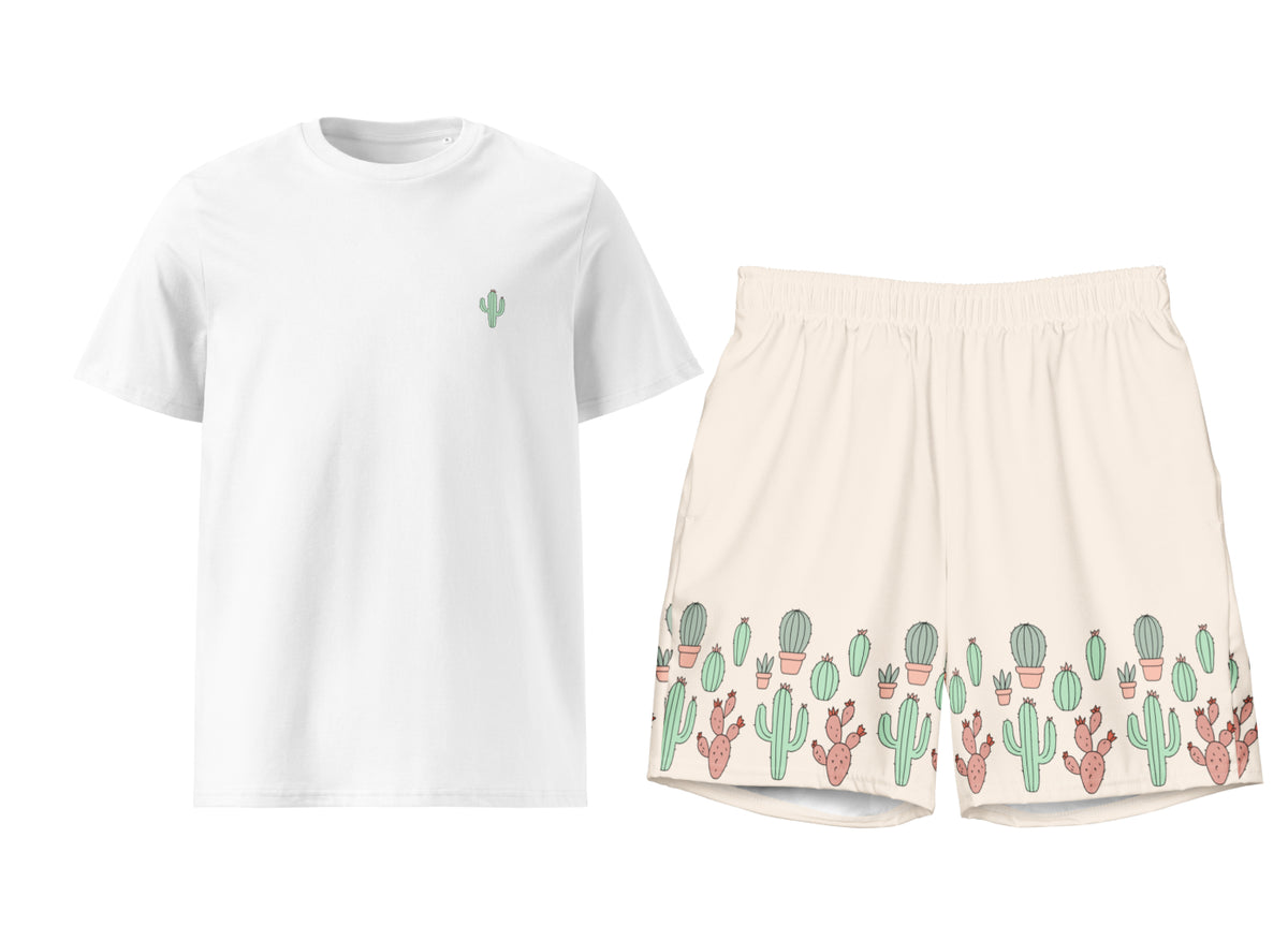 White t-shirt with green cactus design and beige shorts with cactus pattern on a white background