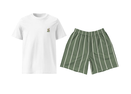 White t-shirt with a small cactus and green shorts with white stripes on a white background