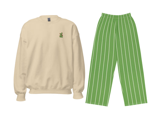 Beige sweatshirt with a small green logo and green striped pants on a white background
