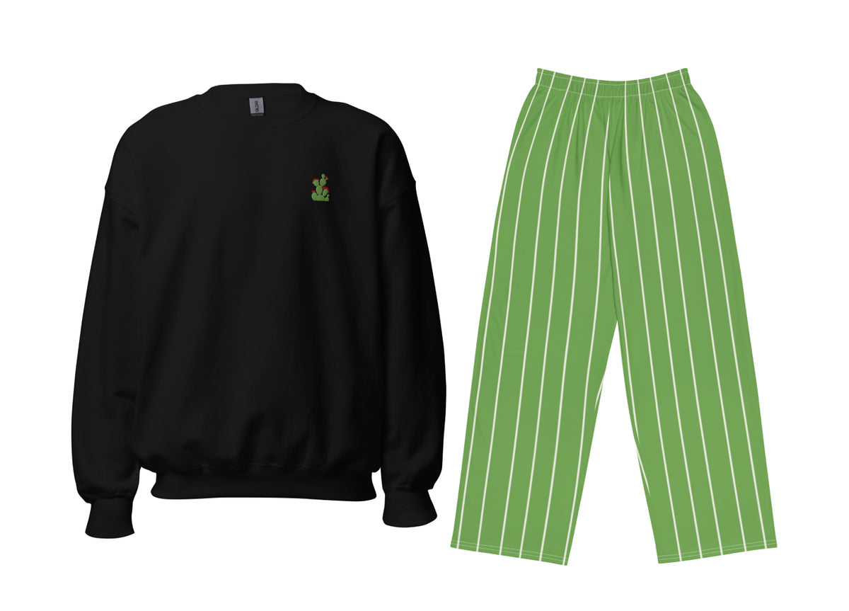 Black sweatshirt with an embroidered cactus and green striped pants on a white background
