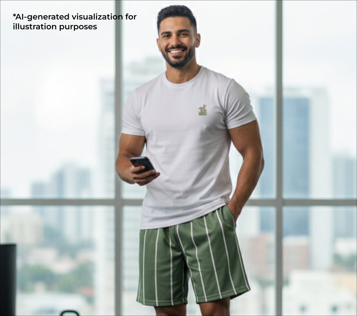 Man wearing a white t-shirt and green shorts holding a phone, with a blurred cityscape background.
