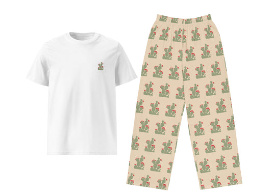 White t-shirt and beige pants with cactus pattern on a white background