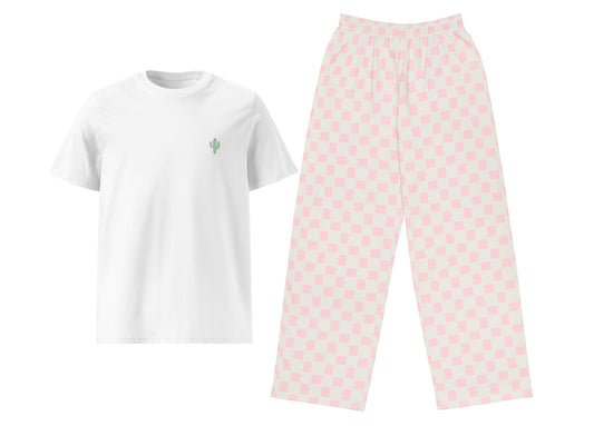White t-shirt with green cactus and pink patterned pants on a white background
