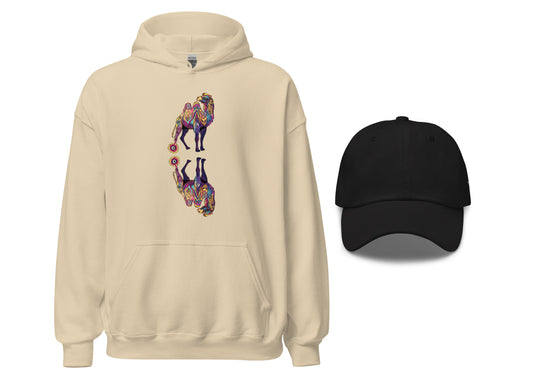 A hoodie and a cap in the color sand, the hoodie features a psychedelic camel print on the front and the dad hat is black.