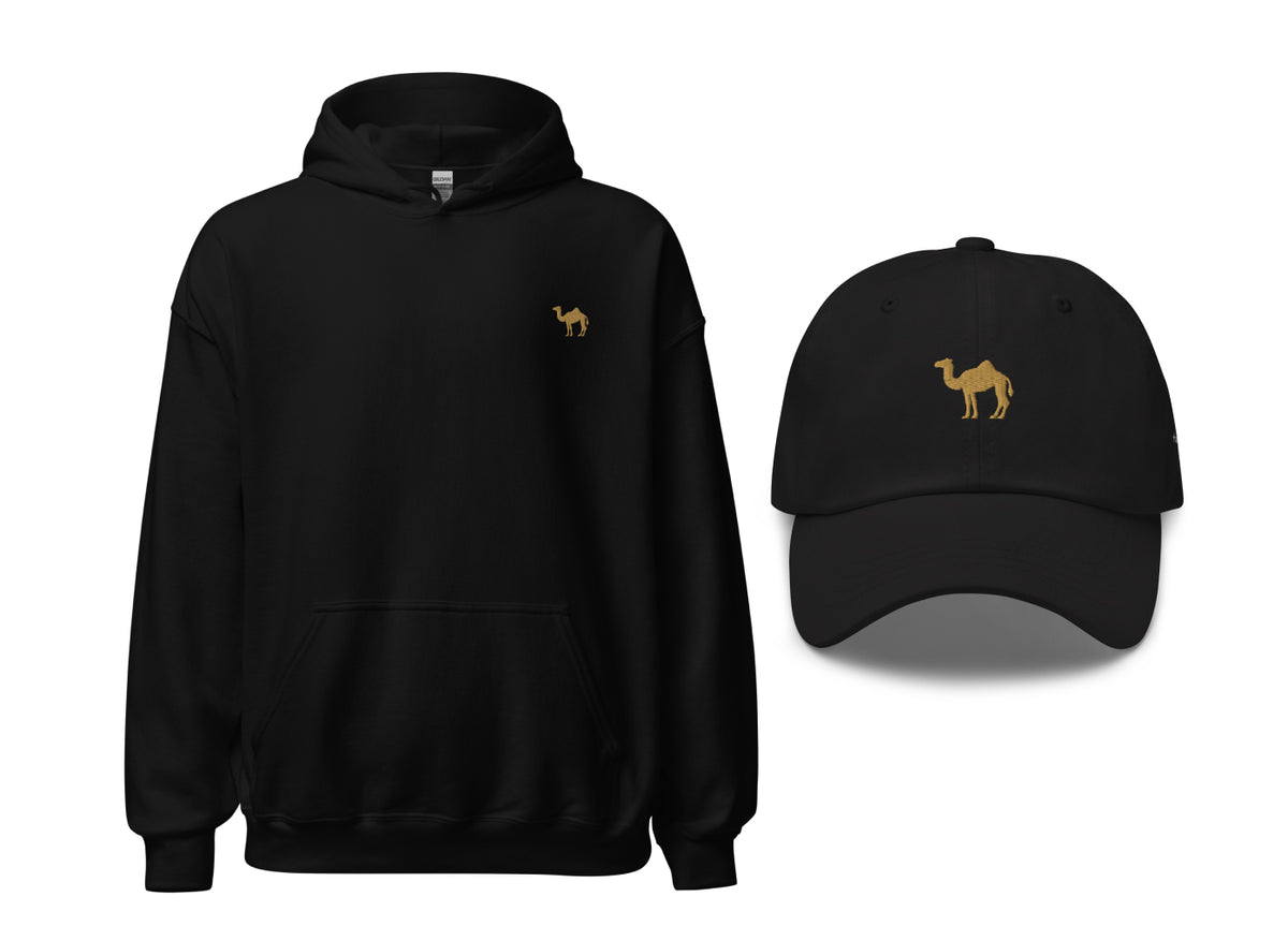 A black hoodie and a black dad hat, both with embroidered camel design on the front.