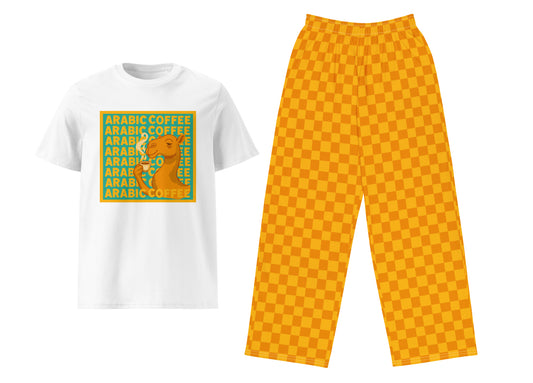 White t-shirt with graphic design and yellow checkered pants on a white background