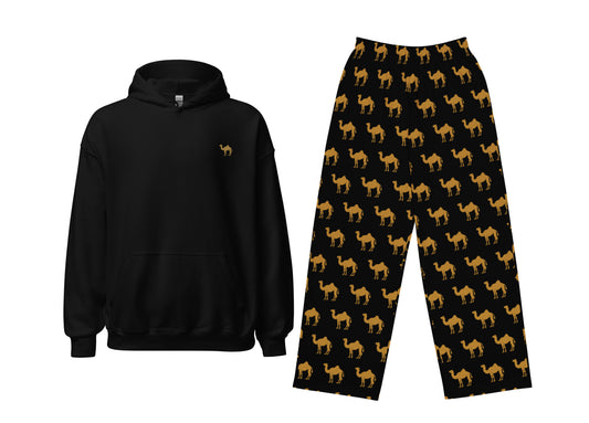 Black hoodie and pants with camel pattern on a white background