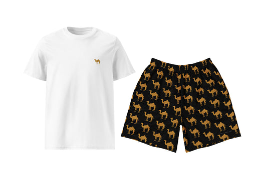 White t-shirt and black shorts with camel pattern on a white background