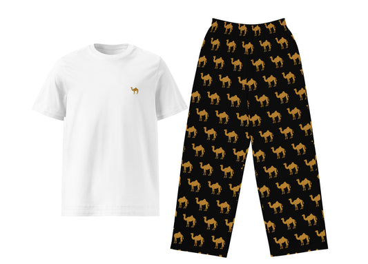 White t-shirt with small camel and black pants with camel pattern on a white background