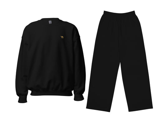 Black sweatshirt and pants set on a white background