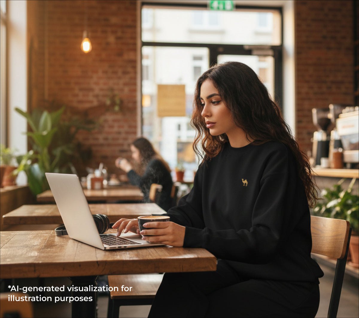 Woman using a laptop in a cafe with a blurred background
