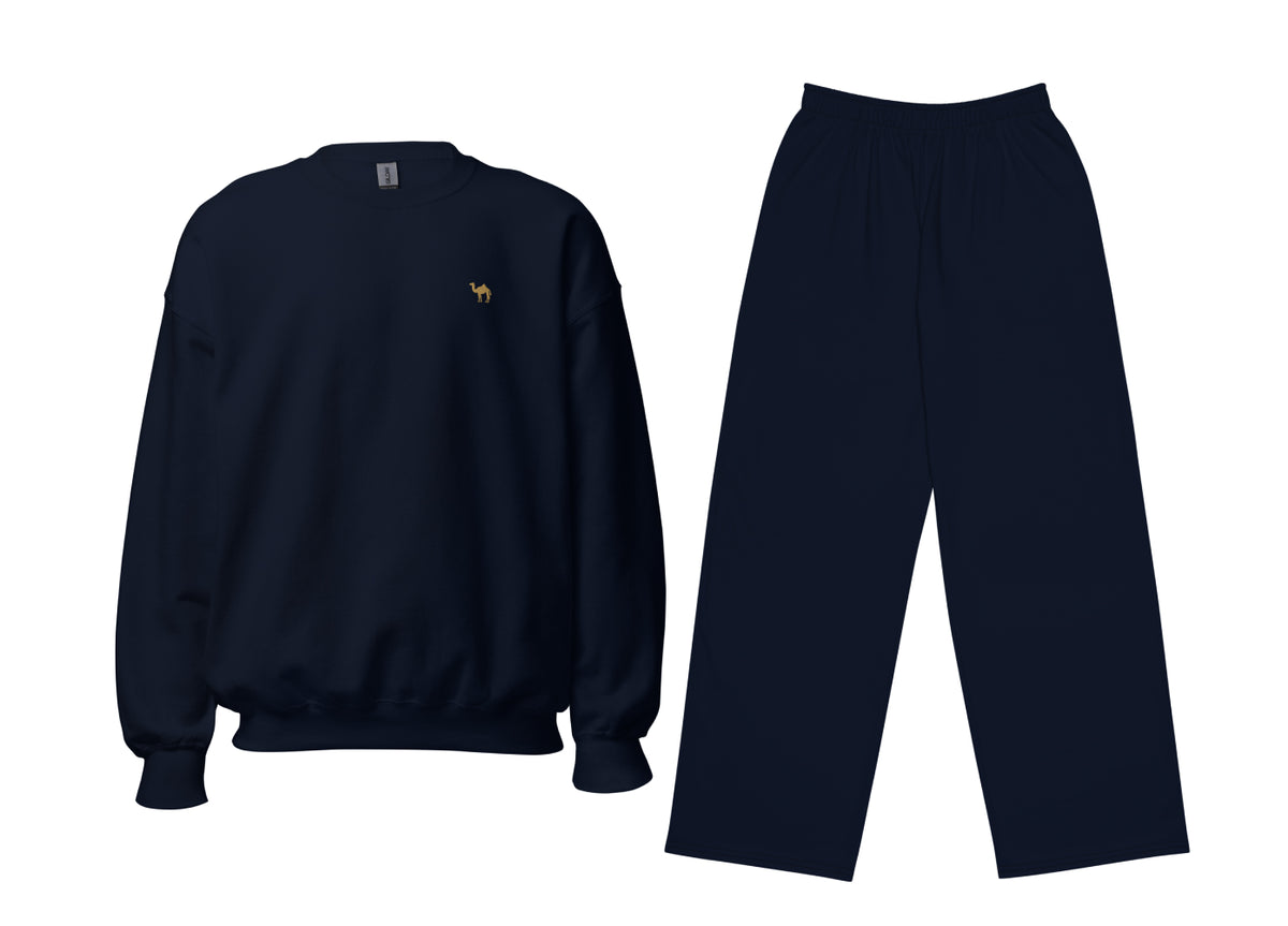 Navy blue sweatshirt and pants set on a white background