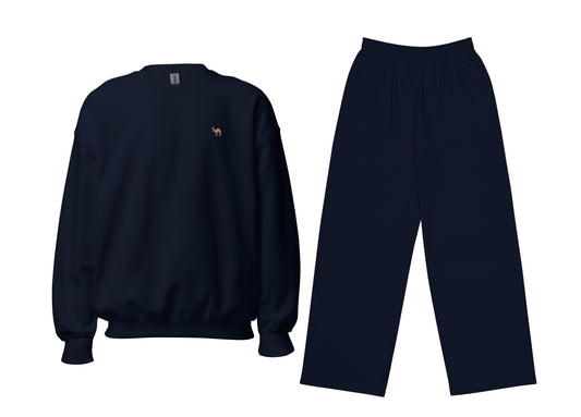 Navy blue sweatshirt and pants set on a white background