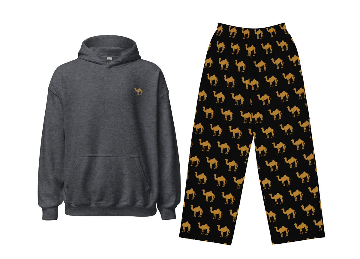 Gray hoodie and black pants with camel pattern on a white background