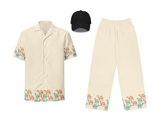 Beige shirt and pants with camel pattern and black cap on a white background