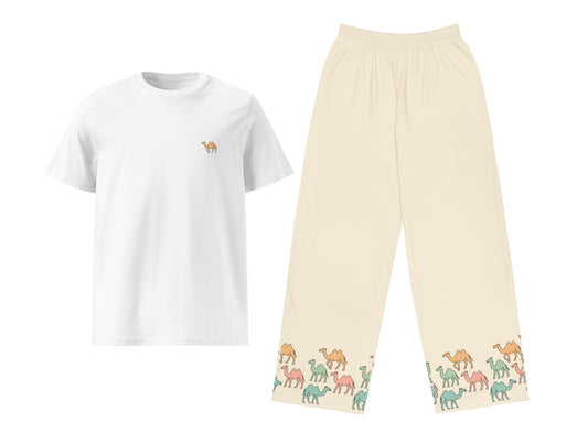 White t-shirt and cream pants with camel design on a white background