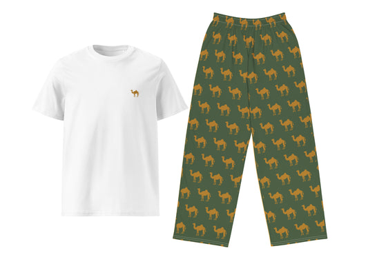 White t-shirt with a small camel and green pants with camel pattern on a white background