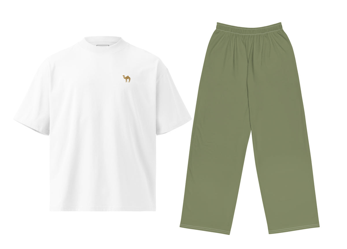 White t-shirt with a small camel and green pants on a white background