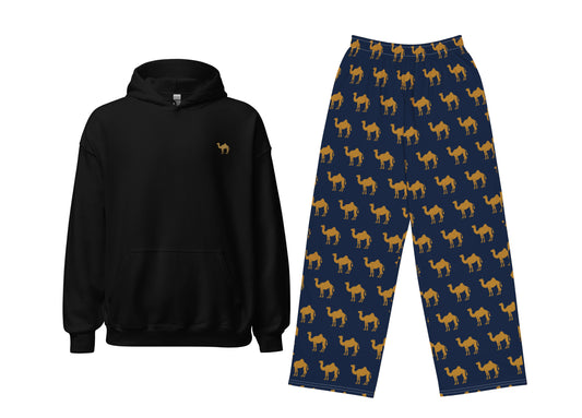 Black hoodie and navy pants with camel pattern on a white background