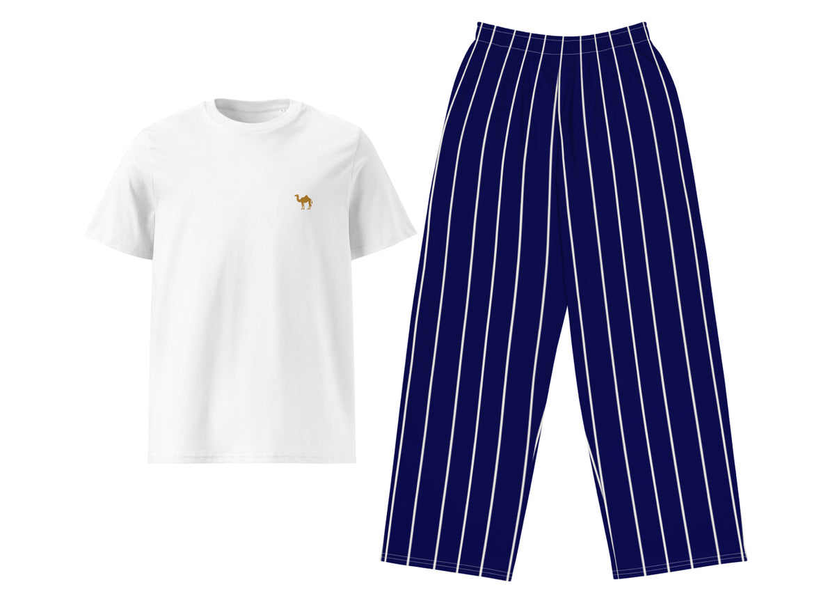 White t-shirt with a small camel and blue pinstripe pants on a white background