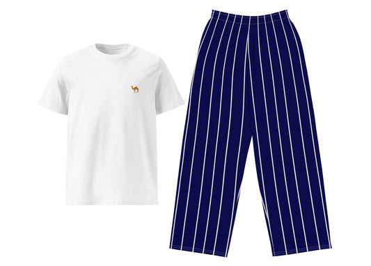 White t-shirt with a small camel and blue pinstripe pants on a white background